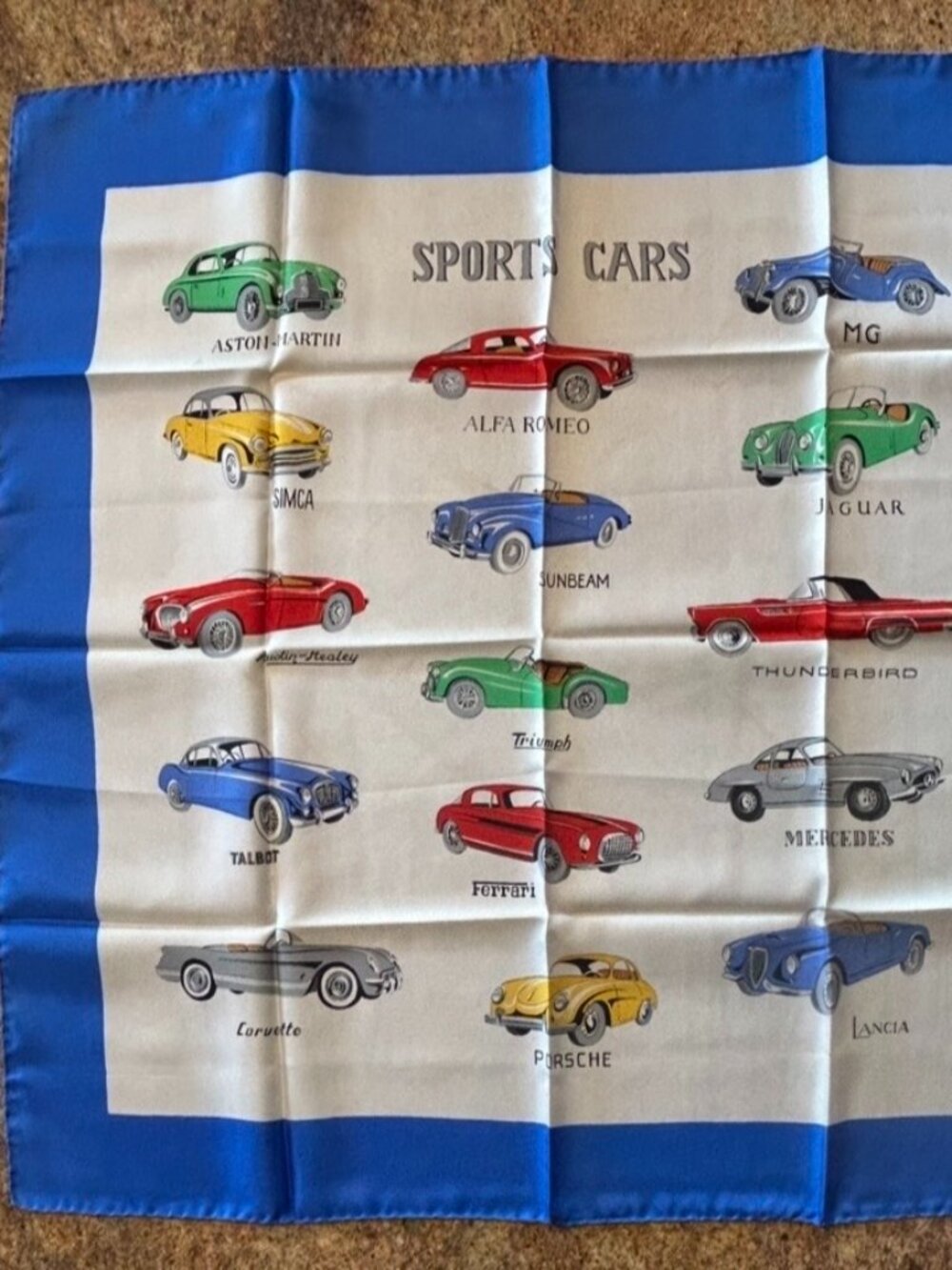 Vintage Beautiful Blue Border Sports Cars Scarf with Hand Rolled Edges